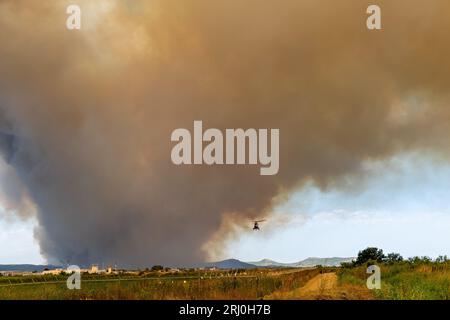 Grande incendio boschivo catastrofico ad Alexandroupolis Evros Grecia, vicino all'aeroporto e ad Apalos, situazione di emergenza, antincendio aereo. Foto Stock