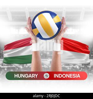 Concetto di gara di pallavolo e pallavolo tra Ungheria e Indonesia. Foto Stock