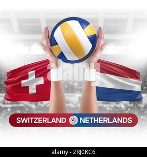 Concetto di gara di pallavolo e pallavolo per squadre nazionali della Svizzera contro Paesi Bassi. Foto Stock