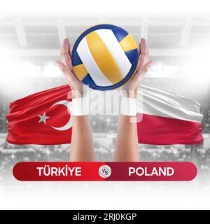 Concetto di competizione per le partite di pallavolo e pallavolo tra le squadre nazionali di Turkiye e Polonia. Foto Stock