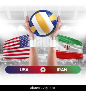 Concetto di gara di pallavolo e pallavolo tra le squadre nazionali USA e Iran. Foto Stock