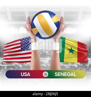 Concetto di competizione tra Stati Uniti e Senegal per partite di pallavolo e pallavolo. Foto Stock