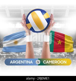 Concetto di competizione tra Argentina e Camerun e squadre nazionali di pallavolo e pallavolo. Foto Stock