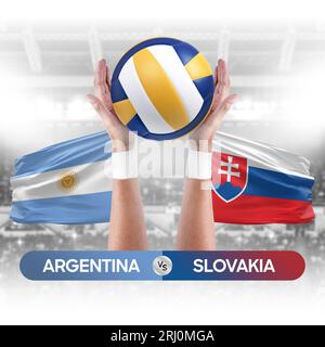 Concetto di gara di pallavolo e pallavolo delle squadre nazionali dell'Argentina contro la Slovacchia. Foto Stock
