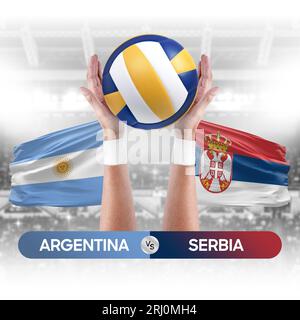 Concetto di gara di pallavolo e pallavolo per squadre nazionali Argentina vs Serbia. Foto Stock