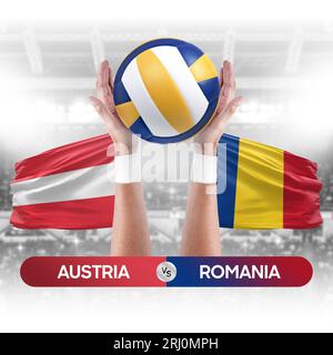 Concetto di gara di pallavolo e pallavolo per le squadre nazionali Austria-Romania. Foto Stock