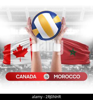 Concetto di competizione di pallavolo e pallavolo delle squadre nazionali del Canada vs Marocco. Foto Stock