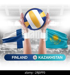 Concetto di gara di pallavolo e pallavolo tra le squadre nazionali della Finlandia e del Kazakistan. Foto Stock