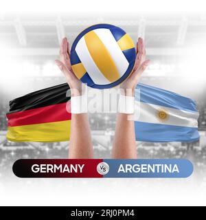 Concetto di gara di pallavolo e pallavolo delle squadre nazionali Germania-Argentina. Foto Stock