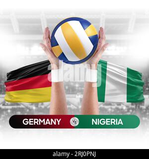 Concetto di gara di pallavolo e pallavolo per le squadre nazionali della Germania contro la Nigeria. Foto Stock