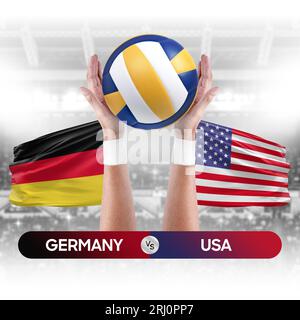 Concetto di gara di pallavolo e pallavolo tra Germania e Stati Uniti. Foto Stock
