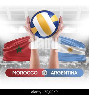 Concetto di gara di pallavolo e pallavolo delle squadre nazionali del Marocco contro l'Argentina. Foto Stock