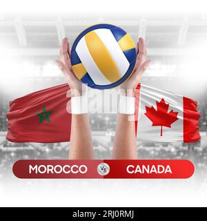 Concetto di gara di pallavolo e pallavolo delle squadre nazionali del Marocco vs Canada. Foto Stock