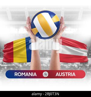 Concetto di gara di pallavolo e pallavolo delle squadre nazionali Romania-Austria. Foto Stock