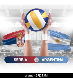 Concetto di gara di pallavolo e pallavolo delle squadre nazionali Serbia-Argentina. Foto Stock