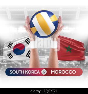 Concetto di gara di pallavolo e pallavolo delle squadre nazionali della Corea del Sud vs Marocco. Foto Stock