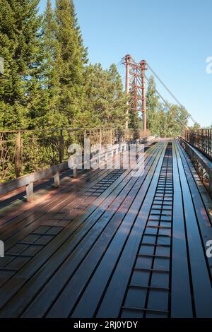 Ponte strallato sul fiume Katun, foto verticale scattata in una giornata di sole nella Repubblica di Altai, in Russia Foto Stock