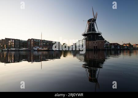 Storico mulino a vento lungo il fiume Spaarne nel centro di Haarlem all'alba, al sole d'estate Foto Stock