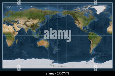 Mappa satellitare del mondo nella proiezione Compact Miller centrata sul meridiano 180 longitudine Foto Stock