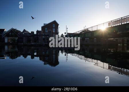 Le tradizionali case sul canale olandese lungo il fiume Spaarne nel centro della città di Haarlem Foto Stock