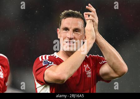 Chris Wood del Nottingham Forest festeggia la vittoria durante la partita di Premier League tra Nottingham Forest e Sheffield United al City Ground di Nottingham venerdì 18 agosto 2023. (Foto: Jon Hobley | mi News) crediti: MI News & Sport /Alamy Live News Foto Stock