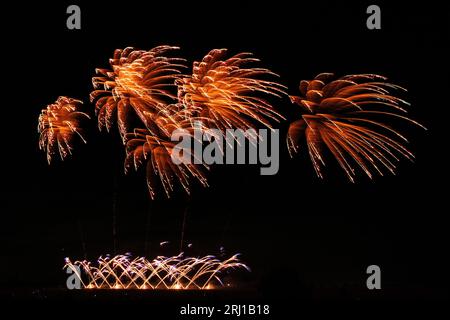 Belvoir Castle, Regno Unito. 19 agosto 2023. La gente guarda lo spettacolo di chiusura dei fuochi d'artificio di SelStar Fireworks dopo il concorso Firework Champions al Belvoir Castle, Leicestershire. Neil Squires/Alamy Live News Foto Stock