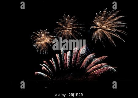 Belvoir Castle, Regno Unito. 19 agosto 2023. La gente guarda lo spettacolo di chiusura dei fuochi d'artificio di SelStar Fireworks dopo il concorso Firework Champions al Belvoir Castle, Leicestershire. Neil Squires/Alamy Live News Foto Stock