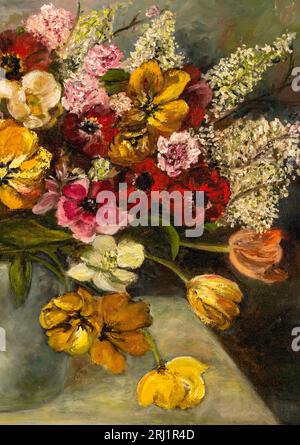 Primo piano del dipinto a olio di natura morta floreale che raffigura un bouquet di lilacs bianchi e un assortimento di vari fiori in tonalità colorate. Foto Stock