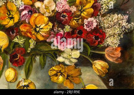 Primo piano del dipinto a olio di natura morta floreale che raffigura un bouquet di lilacs bianchi e un assortimento di vari fiori in tonalità colorate. Foto Stock