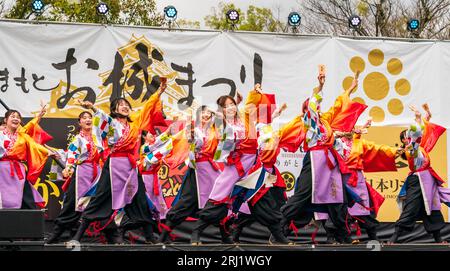 Ragazze adolescenti giapponesi della squadra di danza Yosakoi in yukata su un palco all'aperto che danzano al festival Kumamoto Kyusyu Gassai. Ballerini che tengono naruko. Foto Stock