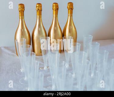 Bottiglie di champagne Bottega e bicchieri di plastica da champagne. Festeggiamo un evento Foto Stock