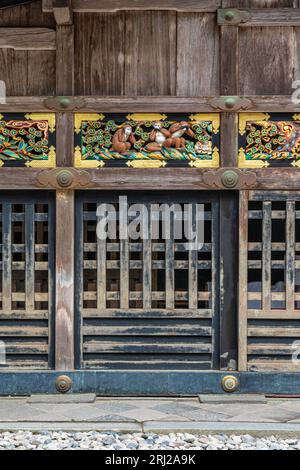 Le famose tre scimmie sagge al Santuario Tosho-GU di Nikko. Prefettura di Tochigi, Giappone. Foto Stock