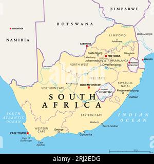 Sudafrica, mappa politica con province, città più grandi, confini internazionali e amministrativi. Repubblica e paese più meridionale dell'Africa. Foto Stock