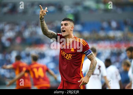 Roma, Italie. 20 agosto 2023. Gianluca Mancini di Roma reagisce durante il campionato italiano di serie A partita di calcio tra AS Roma e US Salernitana 1919 il 20 agosto 2023 allo Stadio Olimpico di Roma, Italia - foto Federico Proietti/DPPI Credit: DPPI Media/Alamy Live News Foto Stock