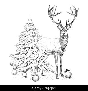 Illustrazione disegnata a mano da un grazioso cervo natalizio e da un albero Illustrazione Vettoriale