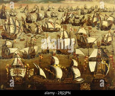 Dipinto raffigurante l'Armada spagnola prima della sua sconfitta nel canale della Manica l'8 agosto 1588. Foto Stock