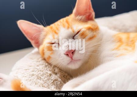 Triste ferito che piange il giovane gatto rosso con un naso storpato. Gattino dormiente ferito Foto Stock