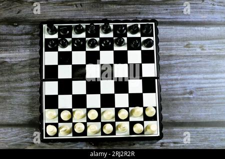 Scacchi, un gioco da tavolo per due giocatori, chiamato bianco e nero, ognuno dei quali controlla un esercito di pezzi di scacchi nel proprio colore, l'obiettivo di scacchi matti Foto Stock
