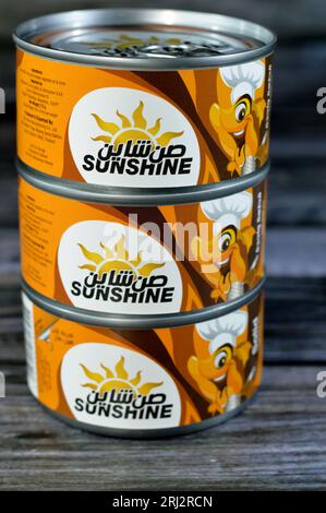 Giza, Egitto, 12 agosto 2023: Sunshine Tuna singolo pezzo facile da aprire, il tonno è ricco di proteine e vitamine che aumentano il sistema immunitario, Sunshine Solid Foto Stock
