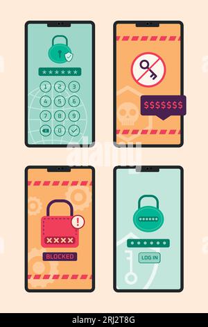 Illustrazione di smartphone con schermata di accesso Warning for Cyber Security Concept Illustrazione Vettoriale