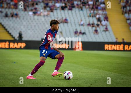 Barcellona, Spagna. 20 agosto 2023. Lamine Yamal (FC Barcelona) durante una partita di la Liga EA Sports tra FC Barcelona e Cádiz CF all'Estadi Olímpic Lluis Companys, a Barcellona, in Spagna, il 20 agosto 2023. (Foto/Felipe Mondino) credito: CORDONE PRESS/Alamy Live News Foto Stock