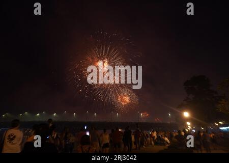 Budapest, Ungheria. 20 agosto 2023. I fuochi d'artificio sono visti sul Danubio in Ungheria, capitale della giornata Nazionale. Credito: Marcus Brandt/dpa/Alamy Live News Foto Stock