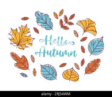 Ciao, Autumn. Corona realizzata in colorata foglia autunnale moderna. Maple e rowan, ginkgo biloba, Codiaeum, lilac, tiglio e quercia, elm e pioppo. sketch sty Illustrazione Vettoriale