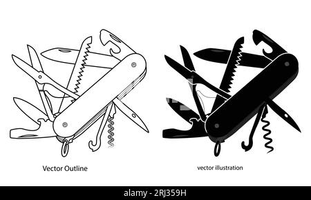 Icona Pocket Knife, icona di contorno, strumento multiuso coltello di illustrazione vettoriale isolato su sfondo bianco. Illustrazione Vettoriale