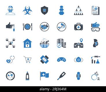 Set icone vettore medico. Icone, segni e simboli di glifo in Solid Design. Medicina, Assistenza sanitaria e Coronavirus pandemia COVID 19. Concetti relativi ai dispositivi mobili e. Illustrazione Vettoriale