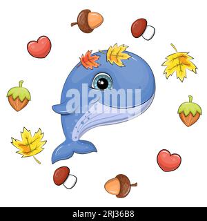 Graziosa balena blu cartoni animati con foglie cadute in una cornice autunnale. Illustrazione vettoriale di un animale con noci, ghiande, funghi, foglie e cuori. Illustrazione Vettoriale