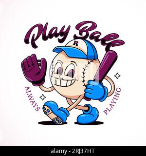 Play Ball, un cartone animato raffigurante una mascotte da baseball. Perfetto per loghi, t-shirt, adesivi e poster Illustrazione Vettoriale