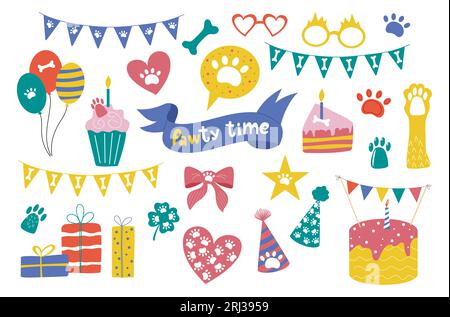 Colorata collezione disegnata a mano per la festa dei cani. Design di cappelli di compleanno per cani, palloncini, confezioni regalo, bunting, torta, arco, cuore con zampa. Illustrazione Vettoriale