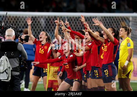 Sydney, Australia, 20 agosto 2023. La Spagna festeggia durante la partita di calcio della finale della Coppa del mondo femminile tra lo Spian e l'Inghilterra allo Stadium Australia il 20 agosto 2023 a Sydney, in Australia. Credito: Damian Briggs/Speed Media/Alamy Live News Foto Stock