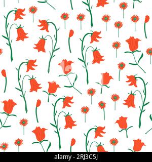 Modello carino con fiori rossi disegnati a mano, rose disegnate a mano, fiori semplici. Motivi floreali per bambini. Illustrazione vettoriale Illustrazione Vettoriale